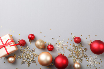 Christmas or New Year accessories top view. Holidays, gifts, background, place for text. flatlay