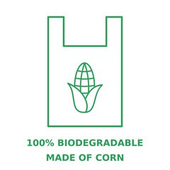 Biodegradable plastic bag made of corn starch. Green bag with corn cob line icon. Sustainable packaging. Compostable shopping bag made of natural material. Vector illustration, outline, flat, clip art
