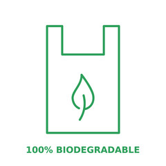 100% biodegradable plastic bag made of natural materials. Bag with green leaf line icon. Ethical consumerism and manufacturing concept. Sustainability. Vector illustration, outline, flat, clip art. 