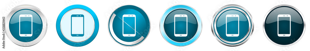 Poster smartphone silver metallic chrome border icons in 6 options, set of web blue round buttons isolated 