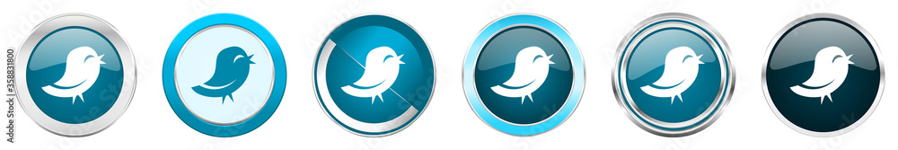 Aufkleber twitter silver metallic chrome border icons in 6 options, set of web blue round buttons isolated on 