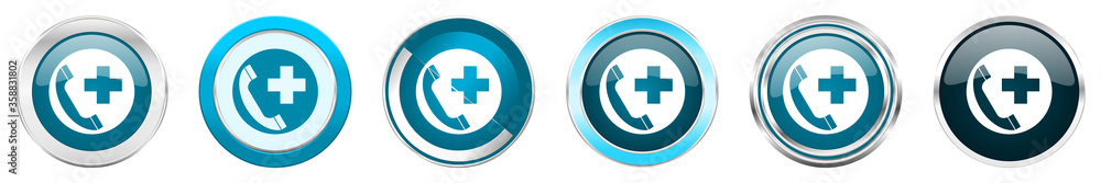 Aufkleber emergency call silver metallic chrome border icons in 6 options, set of web blue round buttons isola