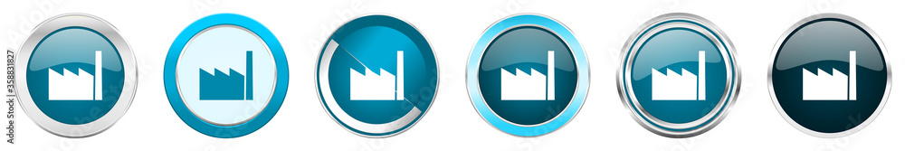 Poster factory silver metallic chrome border icons in 6 options, set of web blue round buttons isolated on 