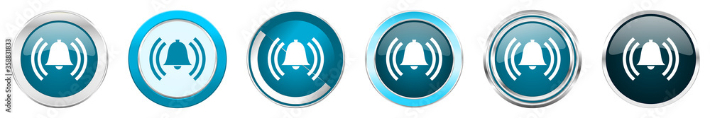 Poster Alarm silver metallic chrome border icons in 6 options, set of web blue round buttons isolated on white background