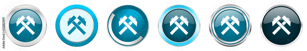 Poster Mining silver metallic chrome border icons in 6 options, set of web blue round buttons isolated on white background