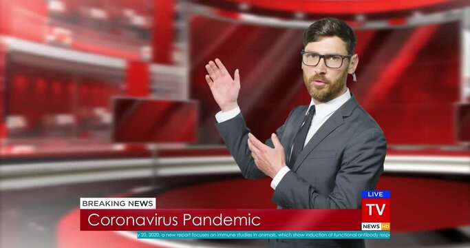 Caucasian man handsome presenter of breaking news in red studio. TV hot news program. Male correspondent talking about covid-19 pandemic. Coronavirus in television night news episode.