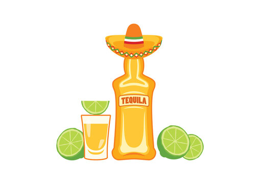 Tequila Bottle And Shot With Lime Icon Vector. Tequila Shot With Lime Vector. Tequila Bottle With Sombrero Vector. Mexican Alcoholic Drink Icon Isolated On A White Background