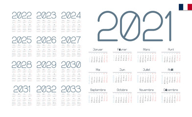 French Calendar for 2021-2033. Week starts on Monday
