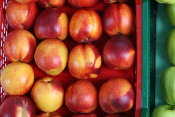 peaches in a plastic box, container for storing and transferring fruit, on a white background, online store