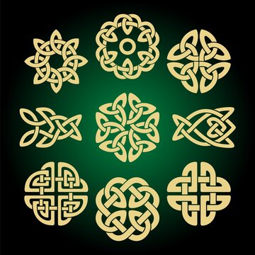 Various celtic knots, goidelic frames, vector illustration. Simple knotwork designs on dark background.