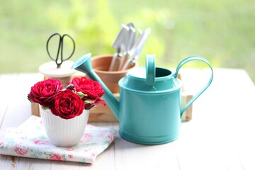 watering can and flowers