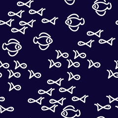 Vector seamless pattern. Doodle Cute fish swim in different directions. Outline style. For the textile, paper, background and other surface.