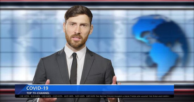 Serious handsome Caucasian man reporter in suit and tie standing in interactive TV studio and telling last news about covid-19. Male journalist working as newscaster on television.
