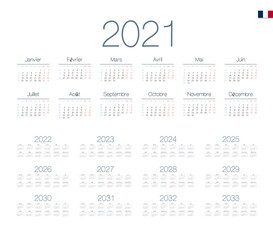 French Calendar for 2021-2033. Week starts on Monday
