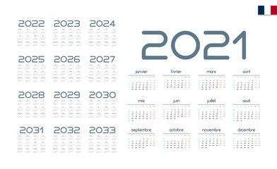 French Calendar for 2021-2033. Week starts on Monday