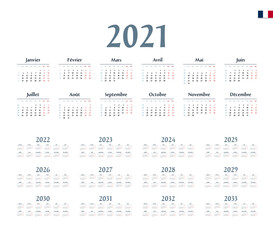 French Calendar for 2021-2033. Week starts on Monday