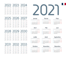 French Calendar for 2021-2033. Week starts on Monday