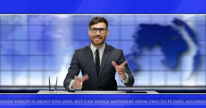 Portrait of Caucasian handsome young man reporter in suit and tie reading news, sitting in studio at desk. Blue interactive background with world map. Male journalist narrator at live broadcasting.