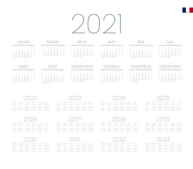 French Calendar for 2021-2033. Week starts on Monday