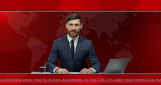 Caucasian handsome young man reporter in glasses, suit and tie reading news, sitting in studio at desk with laptop computer. Red interactive background on television. Male journalist narrator on air.