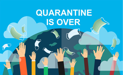 Hands throwing up medical masks, celebrating win over coronavirus covid-19. Celebrating victory over nCoV virus. Ending pandemic quarantine. Vector concept illustration.