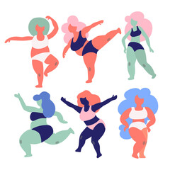 Happy beautiful active plus size girls vector illustration. Body positive concept. Plump girls in bra and panties, female characters dancing. Body positive set