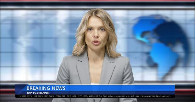 Portrait of Caucasian young woman reporter reading breaking news, sitting in studio at desk. Blue interactive background with world map. Female journalist narrator at live broadcasting about covid-19.