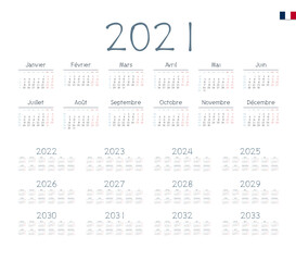 French Calendar for 2021-2033. Week starts on Monday