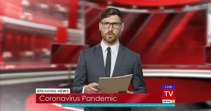 Caucasian handsome man presenter reading news at desk in red interactive studio. Young male journalist having broadcasting on air in evening on TV about coronavirus pandemic.