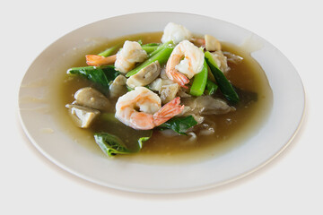 Fried noodle with shrimp, focus selective
