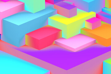 Abstract geometric cubic holographic colorful in neon lights background. isometric 3d render.