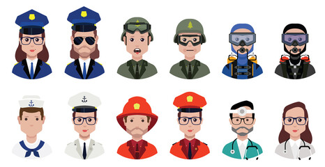 Police avatar ,fireman avatar , soldier avatar, sailor avatar vector icons