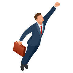 Isometric businessman isolated on write. Start up business, innovation, technology, start button , take off young businessmen, development and business launch up