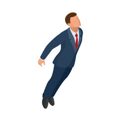 Isometric businessman isolated on write. Start up business, innovation, technology, start button , take off young businessmen, development and business launch up