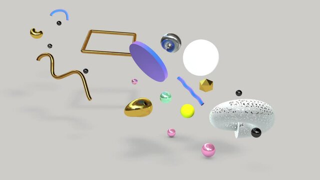 3D rendered, abstract, colorful shapes, discs, frames, spheres, icosahedrons with golden accents slowly moving and rotating on light grey infinite background, 4K loop
