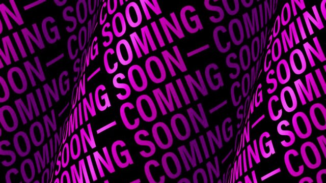 Coming soon animation 3D magenta purple indigo text tube seamless loop animation on black background. 4k looping background for Movie Trailer, Music Teaser, Intro Video, Outro, Show Promotion.