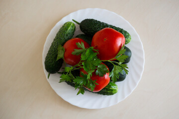A top view of fresh tomatoes, sliced cucumbers and sprig of parsley on the white plate on the light table. Seasoning vegetables on a table. Healthy ingredient for salad.