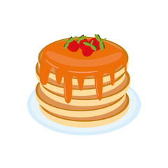 pancake with strawberries, maple syrup, honey on a plate in vector flat style, single element for design. food, american dessert