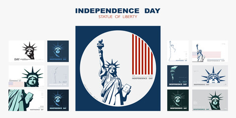 Independence day portrait Statue of Liberty, poster presentation. Set of green flat design templates. USA flag Holiday. The national symbol of America New York, banner.Name of advertising text, vector © VASYL