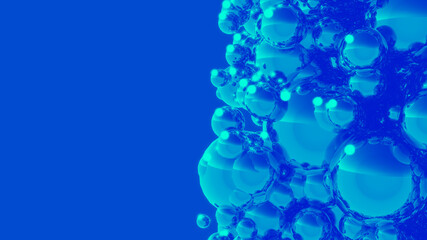 Blue Duotone Bubbles. Abstract 3D Render Background with Copy Space.