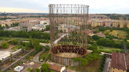 Aerial view of the Gasometer in the Ostiense district in Rome. The industrial center has been in disuse and abandoned for some time.