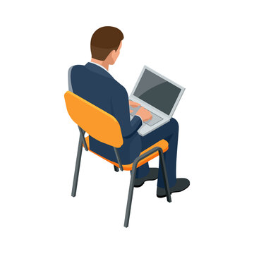 Isometric businessman isolated on write. Creating an office worker character, cartoon people. Businessman Working at the laptop. Man looking at the laptop screen.