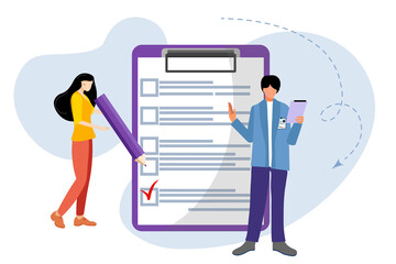 Checklist. Elections. Girl and guy with a checklist and check boxes. Business plan, marketing strategy, survey,