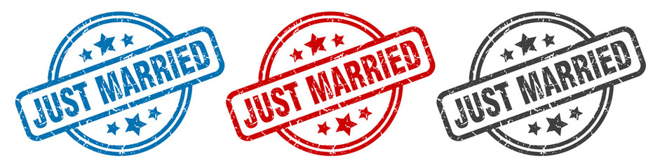 just married stamp. just married round isolated sign. just married label set
