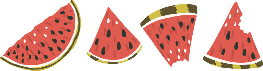 Watermelon slices vector clipart set hand drawn childish flat style isolated on white background.