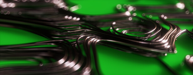 3d render of reflective metal wire on green background, shallow depth of field, panoramic