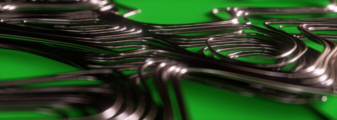 3d render of reflective metal wire on green background, panoramic