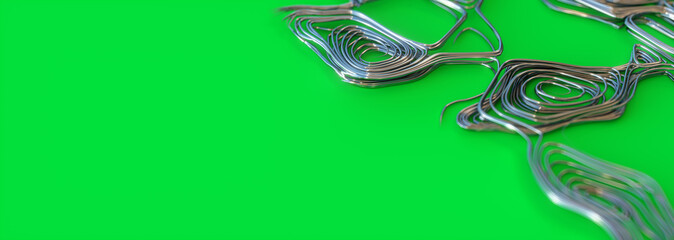 3d render of abstract reflective metal wire on green background with free space for text, panoramic