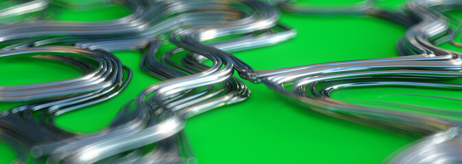 3d render of abstract reflective metal wire on green background, shallow depth of field, panoramic