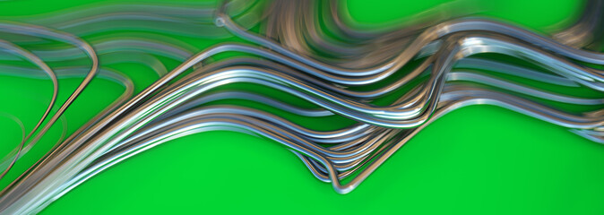 3d render of abstract wavy reflective metal wire on green background, shallow depth of field
